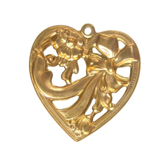 Goldtone Heart Pendant ONLY Repousse Metal Bow Flower Floral Filigree Valentine - Picture 1 of 3